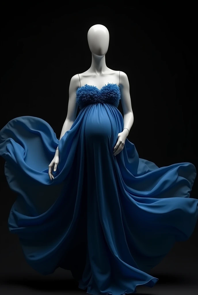 pregnent woman mannequin without hand there is a black and blue dress , flowing fabric, black  color aesthetic, flowing realistic fabric, black  clothes, a still of an ethereal, black  color, beautiful flowing fabric, slow motion fashion, white and black clothing, frilled blooming collar, frill, flowing dress, inspired by Hedi Xandt