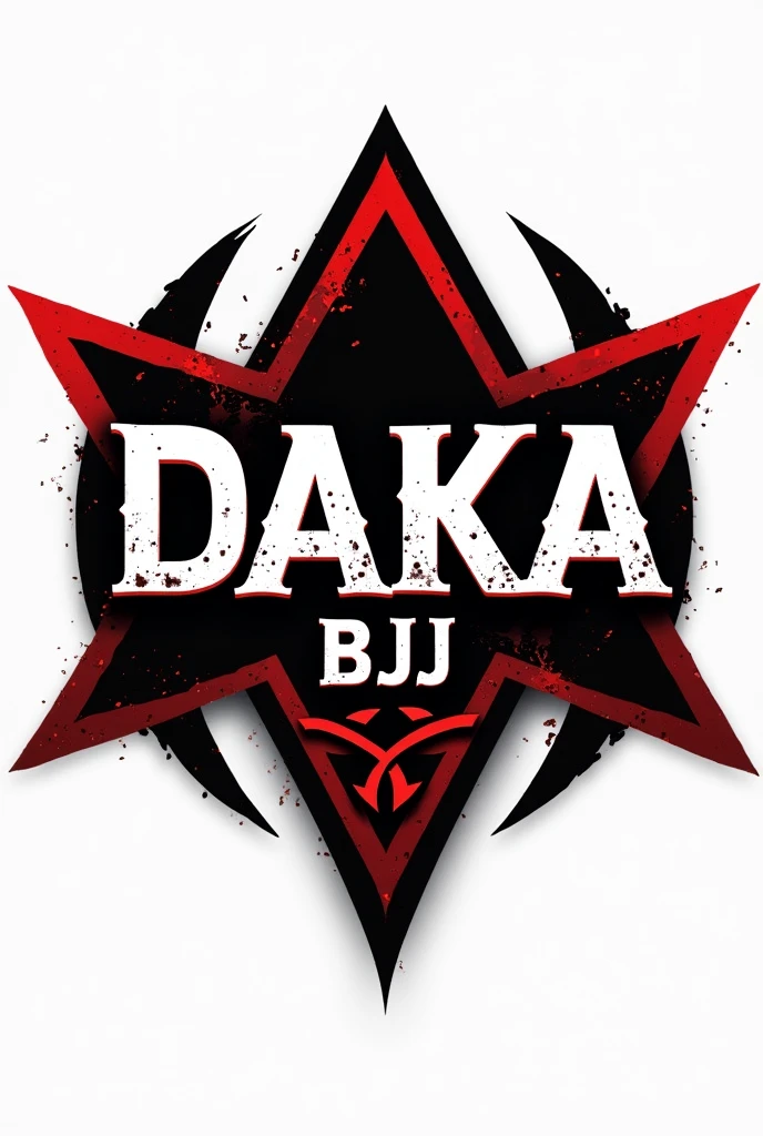 logo for jiu jitsu academy with DAKA BJJ written in celtic font in the middle of the black and red triangular emblem