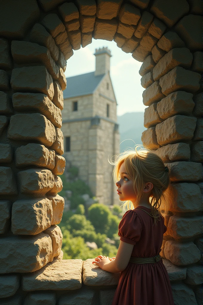 Blonde brown girl, light eyes, face of wonder, looking out of a window in an old stone house