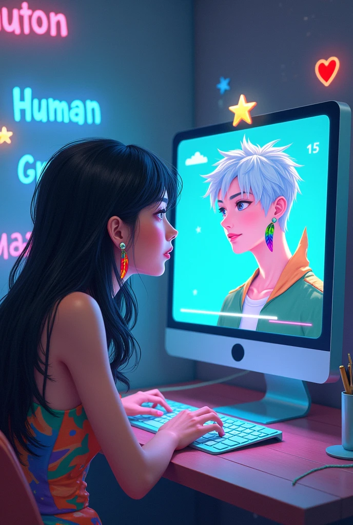 I want a girl with black hair, colorfull dress, small pearl earrings looking at computer with image of 25 year old white male, strong short white hair and colorful bird feather earrings above his head has a star symbol as if he were a game character. And with the game le next to it the game is called "Human Simulator"
