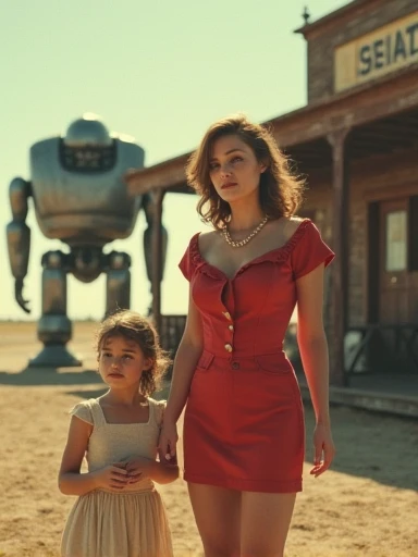 (Masterpiece.UHD.photorealistic analog photography. 1950 style) In a dystopian retro futuristic world. an ultra hot gorgeous European woman.age 23. (She’s looks like a tall Barbie doll in plastic) 1950 random hairstyle random hair color, voluptuous curvy figure, perfect round cleavage. Smiling Full lips. Round Baby face. Huge natural breasts (100 DD size). Wearing 40/50´s clothes. She’s a mom with her daughter (she looks worried). in front of an old west general store.1930 clunky war evil robots. early morning light.