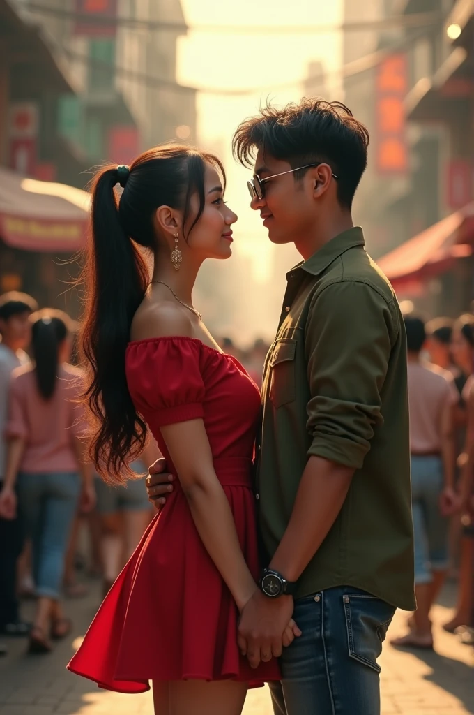 Make a picture of a couple of lovers standing in the middle of a crowd of people holding hands, woman wearing a red mini dress, her long hair tied up, Indonesian woman aged 25 and man aged 30 years, wearing an army green shirt, jeans wearing sunglasses. 