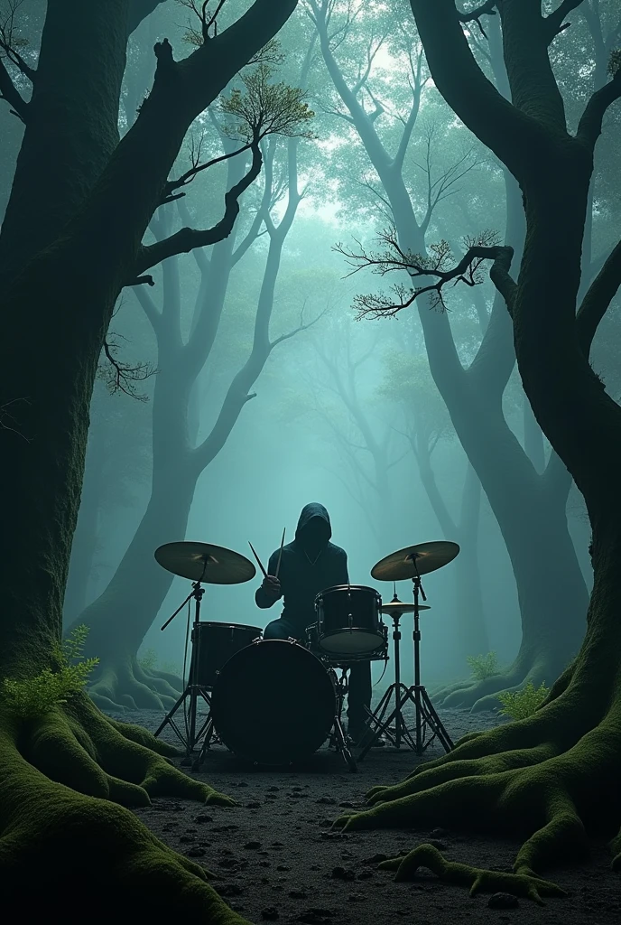 Drummer playing in the dark forest