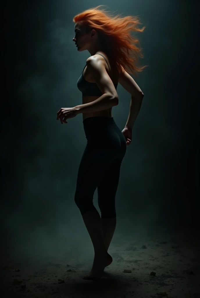 Mulher ruiva fugindo dos ecos standing backwards correndo nas trevas com medo,standing backwards 