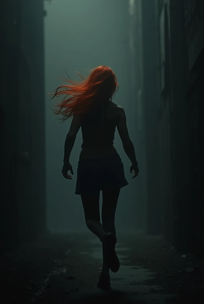 Mulher ruiva fugindo dos ecos standing backwards correndo nas trevas com medo,standing backwards 
