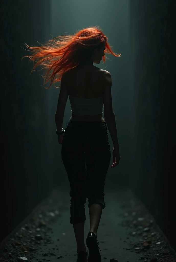 Mulher ruiva fugindo dos ecos standing backwards correndo nas trevas com medo,standing backwards 