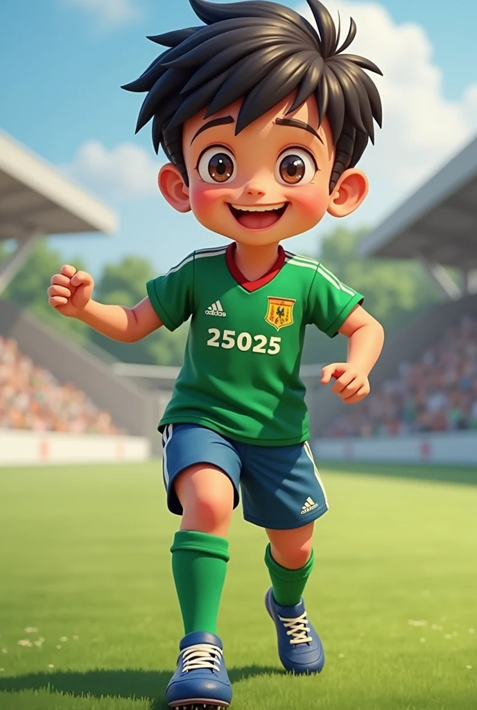 Create an image of a smiling thirteen year old with short black hair and small bangs. The is relatively high, wearing a green shirt with the name MANINHO and the number 25025 below the name MANINHO, blue pants, long green knee-high socks and Adidas F50 football boots.