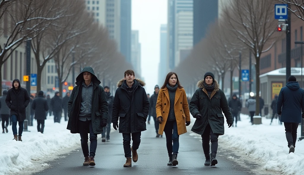 Hyperrealistic image of people walking backwards in an American city in winter from a frontal perspective