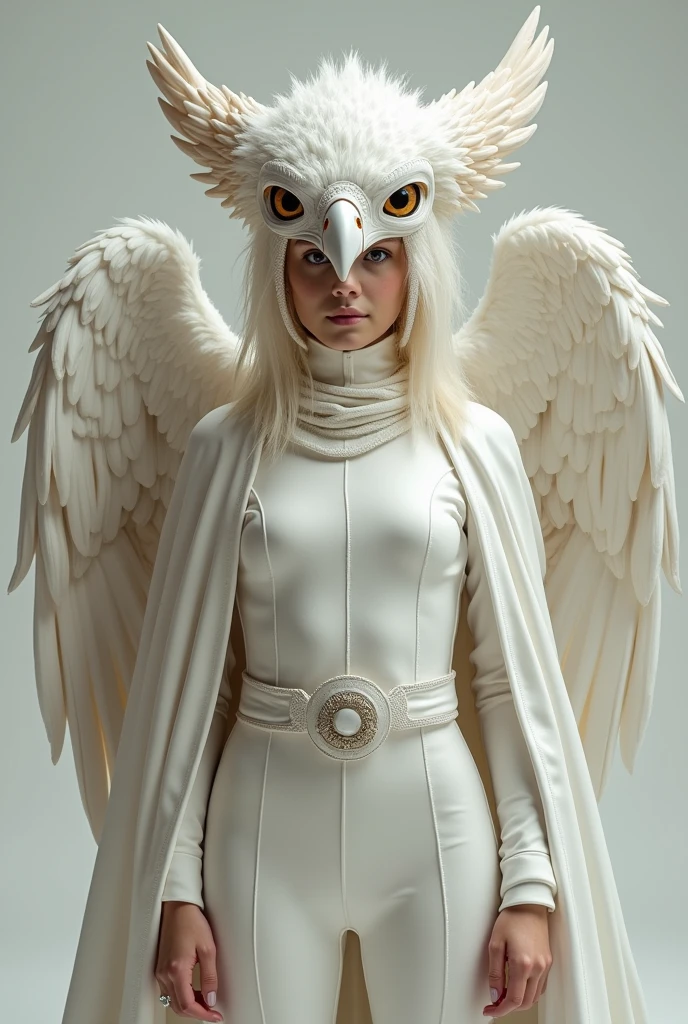 A heroine with griffin powers and a pet griffin with a griffin helmet that covers her entire face in a white uniform