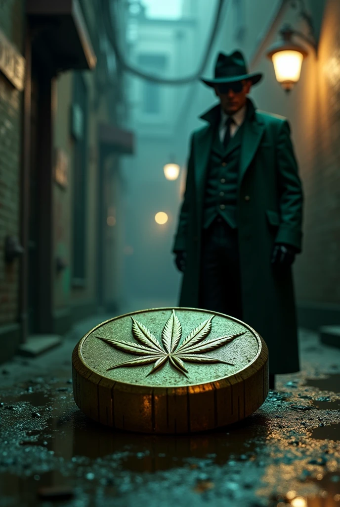 Plaquette de resine cbd 3D dans une ruelle sombre, en arrières plan a droite un homme chapeaux noir lunette de soleil noir smoking vert, en arrières plan version dark urban
