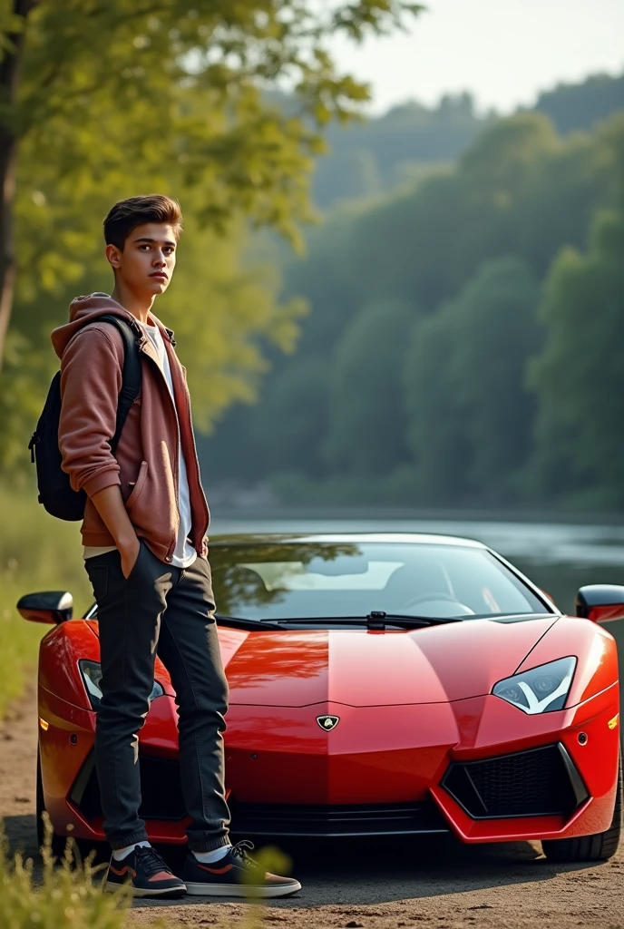 A boy there year 18 and has a Lamborghini right side look and bagraund river and natural location
