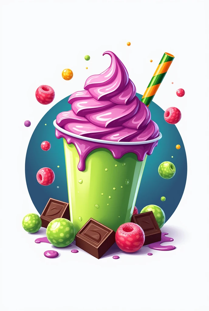 Create a logo for a slush company using green and purple colors on a round background with the name Wgranizados and the background of a slush with sweet gummies . Chocolates that I don't know how to see animated anymore