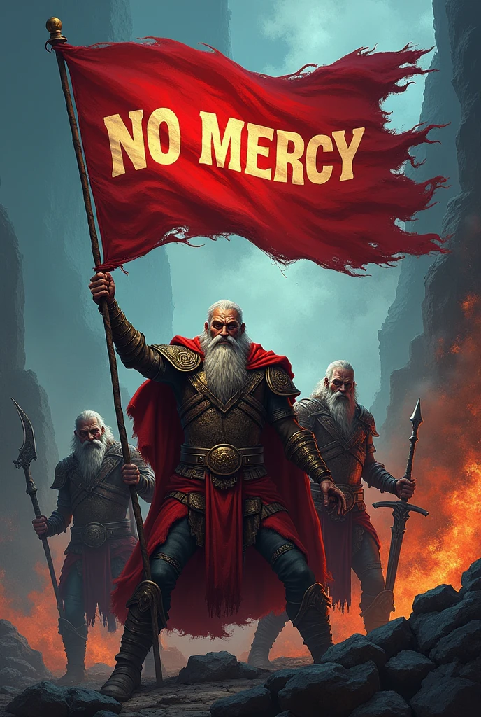 Create a logo that says NoMercy on a flag with warriors and a wizard holding it