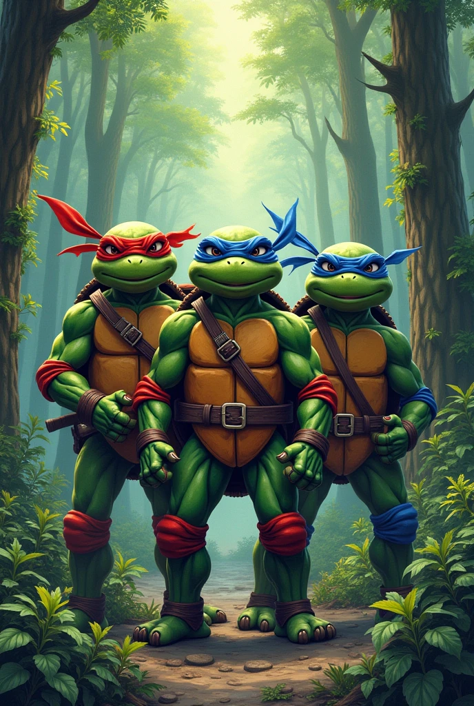 Photos of the four red ninja turtles, Unripe, orange and bluecomo um manga
Numa floresta um vermelho, Unripe, orange and blue