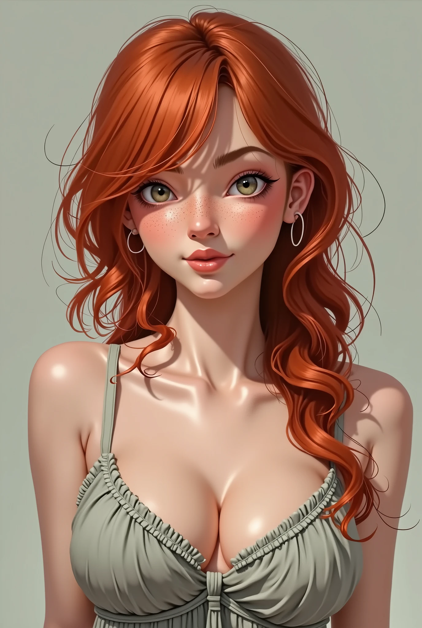 Femme de 25 ans, visage rong, realiste, rousse, tache de rousseur, corpulance ronde, sein moyen, air innocent, coquine.