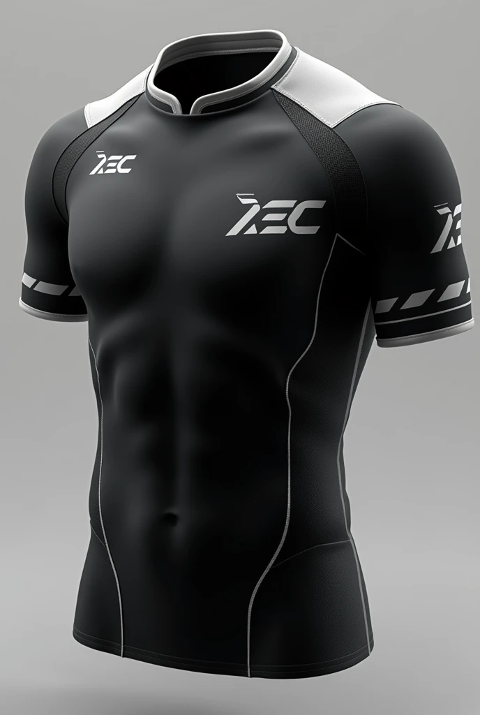 create a black jersey with white collar and modern tech design  and writtenn AEC 