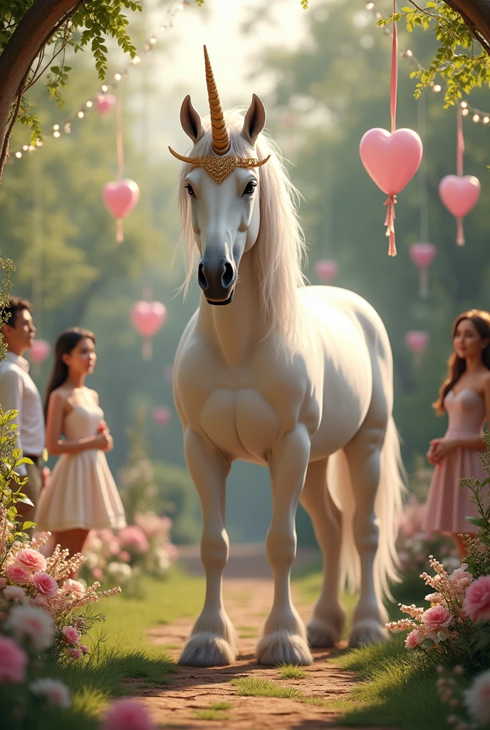 Por favor, give me an image in format 9:16 of a white unicorn with a gold tiara on its head, in the middle of a cottage garden, decorated with wedding decorations, guests and bride and groom looking at this smiling unicorn. The image needs to be hyperrealistic