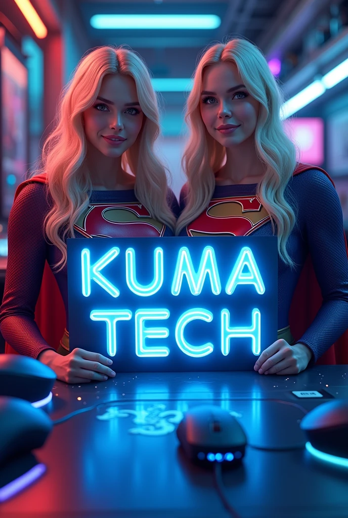 (photorealism:1.2),Two beautiful blonde women smiling shyly dressed as supergirl holding with both hands a blue neon sign that says Kuma Tech in a technological setting full of rgb mouse and on the floor it says redragon with neon light with a small dragon