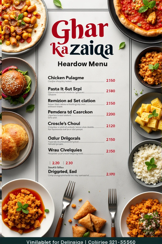Business name is Ghar ka zaiqa. Products are including pizza(200 to 2000), burger (200-400), shawarma(200-300), chicken pulao(350-500), pasta(300-600), Macronies(300-600), mint margarita (150). Price in rupees are inclosed in brackets. Generate a flayer with gray background and also mention home delivery available.
