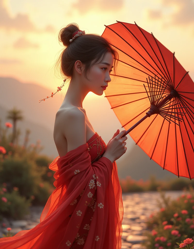 Create a digital illustration in 8K Ultra HD resolution,Depicts a young woman in her late teens or early twenties.。She stood on a quiet mountain path,The setting sun shines,Looking far away,Gently holding a traditional oil-paper umbrella in hand。The umbrella is decorated with elegant plum blossom patterns,Oily paper texture is real,Reveals detailed texture and shimmer in soft evening light。The woman looks weak and lovable,Exuding a fragile yet tough beauty。
Her outfit is inspired by Chinese TV series《Lotus Tower》Li Lianhua in,Emphasize her softness and gentleness。She wore a bright red strapless gown,This robe is brightly colored and full of layers,Exudes a warm and slightly tender feeling。The fabric shows changing luster under different lights,Emphasis on silk-like smoothness,And it presents a higher sense of reality when floating。
on the basis of robe,She also paired it with a bright red shawl,The color of the shawl is the same as the robe,And added detailed golden embroidery patterns on the shawl,Complements the embroidery of the gown。The silk is light and elegant,Swaying slightly with the wind,Adds elegance and classic flavor to the overall shape。
The embroidery patterns on robes and shawls are delicately rendered in gold lines,More detailed and gorgeous,Improve the sense of layering and detail realism,Delicately depict the elegance of traditional Chinese aesthetics。
She has a slender figure,Light movements,Skin is delicate and smooth as porcelain,Hair pulled into a bun casually,A few strands of fine hair fall naturally around her face,Adds a sense of soft beauty,The texture of hair seems real and touchable。
The woman's face is beautiful,Soft facial features,The eyes reveal deep longing and expectation。She looked back,There is a hint of surprise and desire in the expression,As if I thought my old friend had returned。Her eyes sparkled with tears in the sunset,Skin appears transparent and soft under the warm sunlight,The corners of the mouth are slightly raised,A trace of imperceptible sadness。However,At that moment, his expression quickly turned to disappointment.,Because the person she expected didn't show up。Even though she looks weak,But the eyes reveal a kind of independence and strong strength,As if in the years of living alone,She has learned how to go on with strength。
The background is set on a quiet mountain road,The afterglow of the setting sun dyes the entire scene with golden light and shadow。The light is real and warm,The mountains in the distance and the remaining clouds on the horizon look and beautiful。The path is lined with low bamboo forests and scattered wild flowers.,blowing with the evening wind,The texture and real details of bamboo leaves and wildflowers are clearly visible。The entire screen presents unparalleled resolution,Details remain clear and realistic even when zoomed in,Make this image look great on the big screen or up close,All display stunning picture quality。