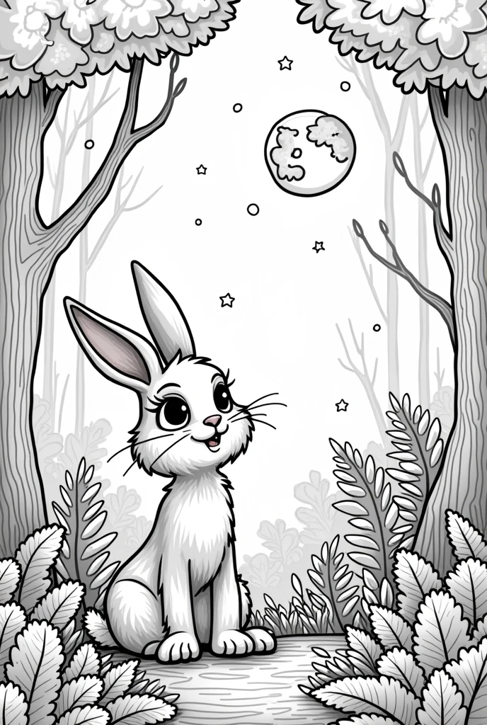 A rabbit who lived in the forest and looked at the moon, animated coloring page