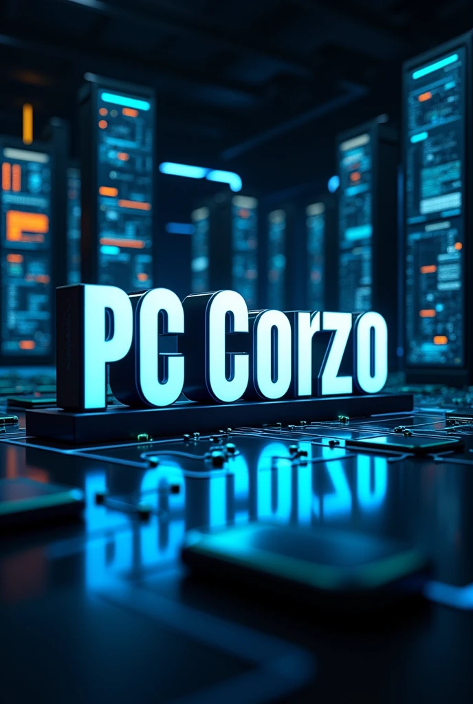 A technologically futuristic image showing the name PC CORZO SOLUTIONS with state-of-the-art computers