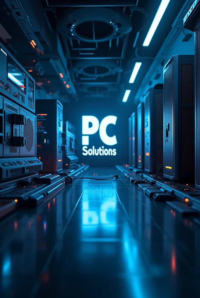 A technologically futuristic image showing the name PC CORZO SOLUTIONS with state-of-the-art computers