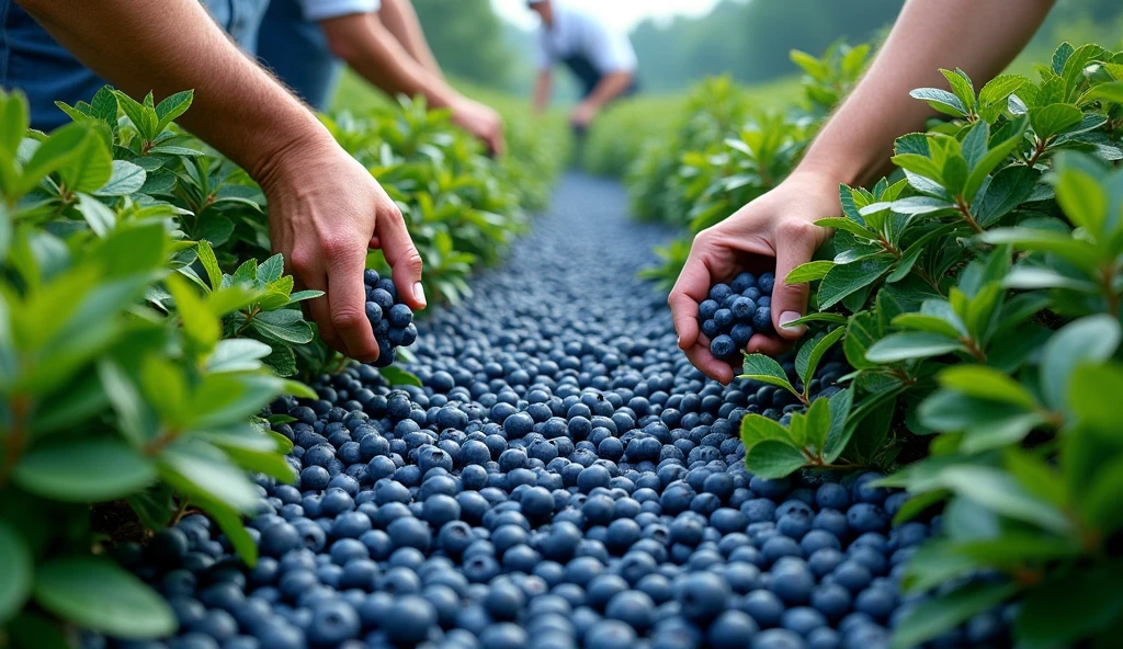 a field of wild blueberries,hundreds of thousands of blueberries,blueberry bushes,people harvesting blueberries,blue purple berries,ripe blueberries,blueberry processing plant,blueberry sorting,blueberry packaging,blueberry transportation,lush green foliage,detailed realistic blueberry harvest,vibrant colors,natural lighting,cinematic camera angle,photorealistic,masterpiece,8k,ultra-detailed,high quality