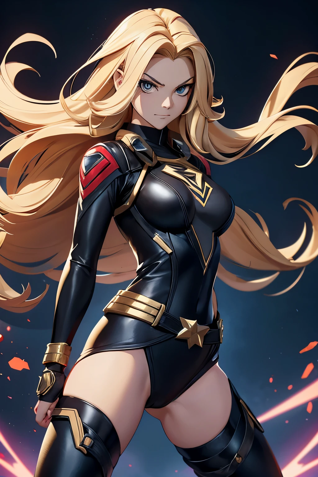  

### **Image Prompt:**

Generate an anime-style image of Ms. Marvel (Carol Danvers) in her classic costume. She is wearing a sleek, form-fitting black bodysuit with a prominent gold lightning bolt across the front. Around her waist is a flowing red sash that adds movement to her stance. She has black gloves that extend past her elbows and matching black knee-high boots. Her face is partially covered by a black mask that accentuates her piercing gaze. Her long blonde hair cascades in loose waves, adding to her commanding presence. The background should feature a dynamic scene that highlights her as a powerful and iconic superhero.