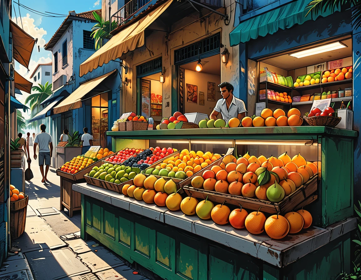 fruits rolling out onto the street from a counter, tropical street, graphic style of novel comics, 2d, 8k, hyperrealism, masterpiece, high resolution, best quality, ultra-detailed, super realistic, Hyperrealistic art, high-quality, ultra high res, highest detailed, lot of details, Extremely high-resolution details, incredibly lifelike, colourful, soft cinematic light,
