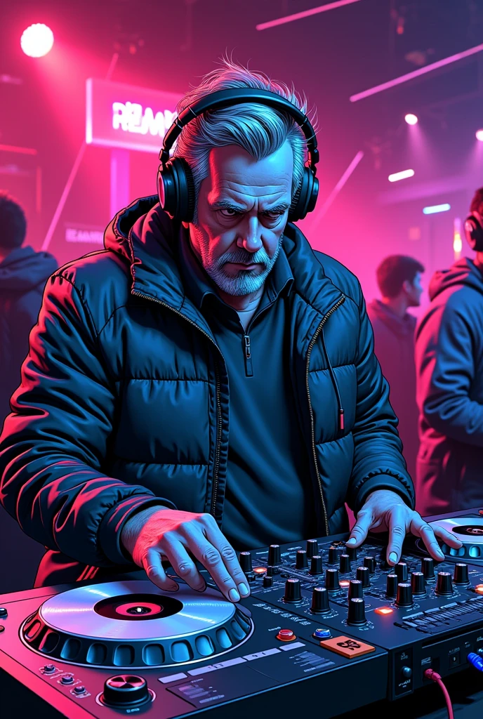 DJ, headphones, Techno, turntables, 40 jähhriger mann, comic Style, No Commerce, Club, Techno Letter, Laser,
