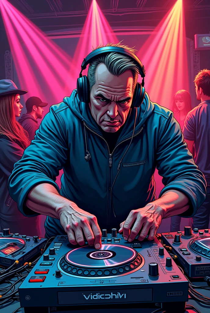 DJ, headphones, Techno, turntables, 40 jähhriger mann, comic Style, No Commerce, Club, Techno Letter, Laser,