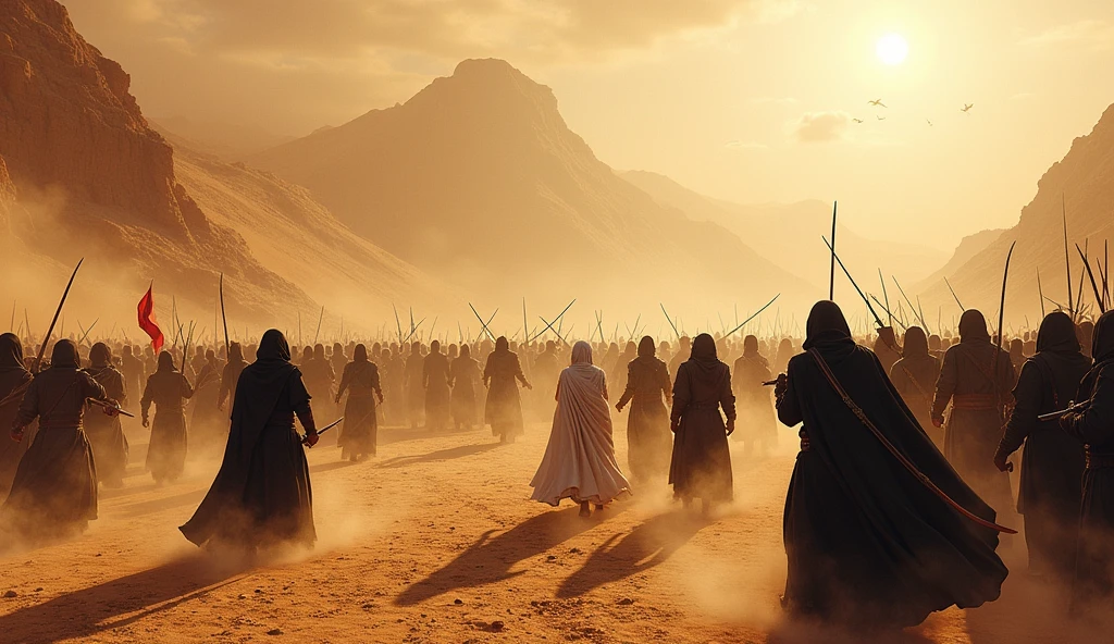 In a very hot desert and the sun is at noon, two armies are fighting in a fierce battlefield where swords fight each other. An army wearing white robes and an army wearing black cloaks.
