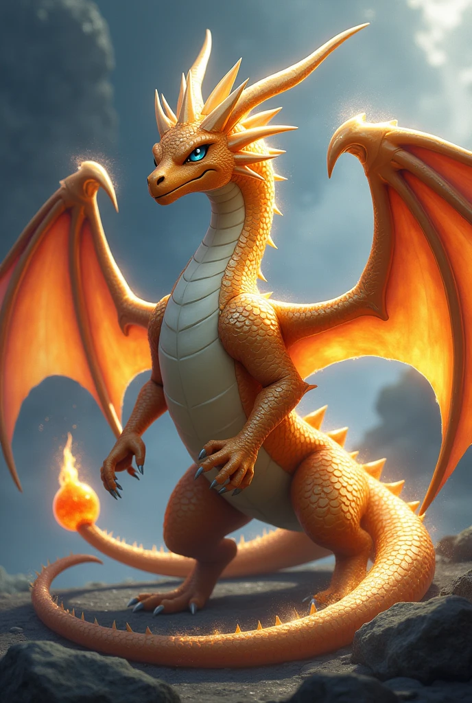 Body: It retains its dragon-like shape but becomes more streamlined and elegant. The scales have a more iridescent quality, with hints of gold and silver, reflecting light in a dazzling manner.Wings: The wings are now larger and more majestic, with a subtle, ethereal glow around the edges. They have a more feather-like texture, resembling those of a mythical dragon, enhancing its regal appearance.Horns: The head features elongated, sharp horns that curve gracefully backward. These horns are adorned with intricate patterns that glow softly.Tail: The tail extends further, becoming more serpentine and sinuous. At the tip, there’s a bright, pulsating orb of energy that emits a soft light.Eyes: The eyes are more intense and piercing, with a deep, fiery glow that conveys both wisdom and power. They have a slightly vertical slit, giving Mega Dragonite a more fearsome look.Overall Aura: Mega Dragonite exudes an aura of majesty and strength. The overall color scheme includes vibrant oranges and deep blues, with glowing accents that suggest its heightened power and mystical nature.