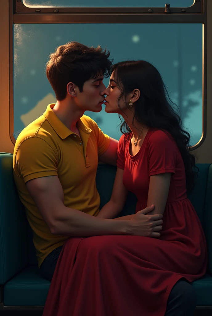 The boy and girl kissing each other inside the bus at night. Boy wears yellow polo t shirt, girl wears red undesigned Chudidhar. They sit Simentuously .boy has more muscle