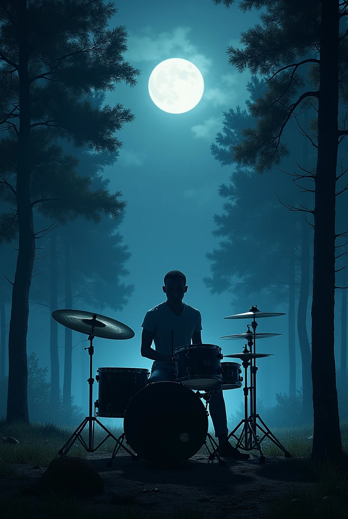 Drummer playing in the forest at night