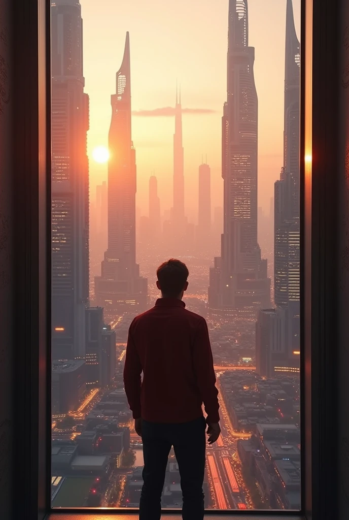 Una foto super realist de una ciudad futurista con edificios altos futuristas de pelicula de star trek, I'm standing in my 15th floor apartment, watching the big city, Photo taken from behind the individual, 8k, UHD, realist, sunset background, golden hour, beautiful view, star trek movie background