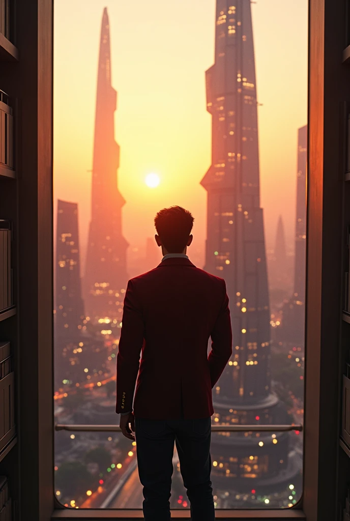 Una foto super realist de una ciudad futurista con edificios altos futuristas de pelicula de star trek, I&#39;m standing in my 15th floor apartment, watching the big city, Photo taken from behind the individual, 8k, UHD, realist, sunset background, golden hour, beautiful view, star trek movie background