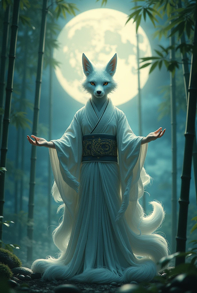 A Japanese Kitsune with nine tails, dressed in a traditional kimono, casting an enchanting spell in a bamboo forest under a full moon