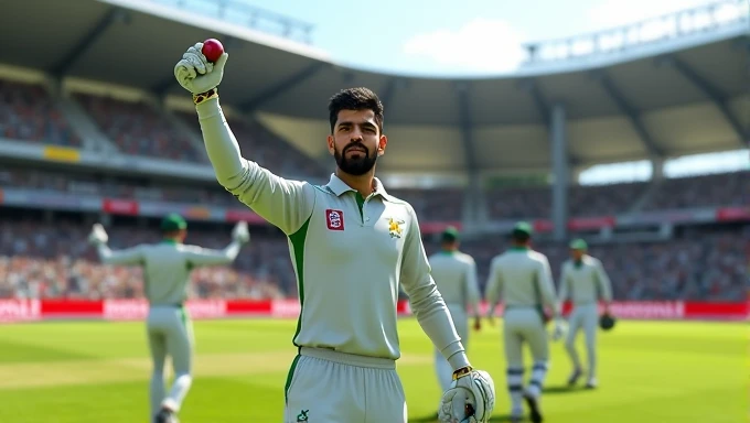 Babar Azam raising hand with cricket ball in hand and lead the team towards the pavillian after picking up 5 wicket haul in test match vs Bangladesh in Real Cricket 24