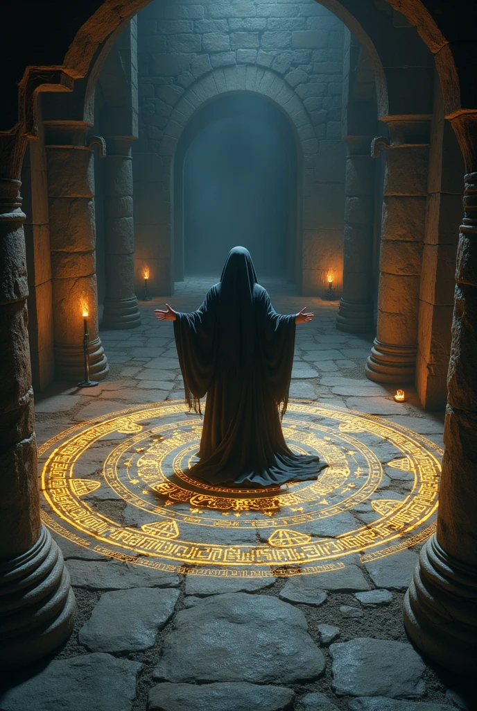 In a low fantasy setting, a sorcerer prepares a ritual circle on the floor of an underground, stone chamber.
