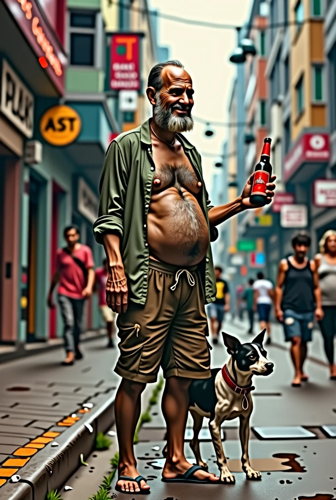 A 50-year-old Brazilian beggar, hair only on the sides of the head, bad beard, smiling, on a busy street in the city of São Paulo, wearing an open shirt with his belly showing, with a bottle of cachaça in his right hand, barefoot, a little dirty, wearing dirty shorts, accompanied by a medium-sized, slightly thin black and white dog.