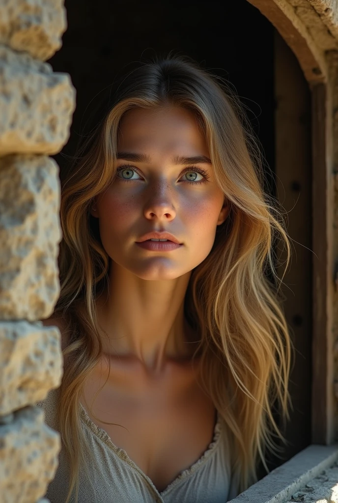 blonde brown-haired woman, light eyes, face of wonder, A little scared, looking out of a window in an old stone house