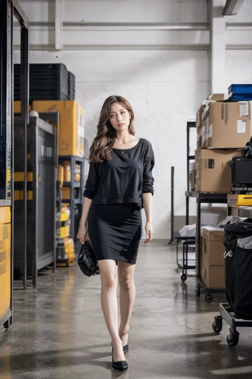 (Original Photography, best quality), (Reality:1.3), (Photo quality:1.2), (Ultra-high resolution:1.0), 8k, RAW photos,Mature working woman, Workplace attire,In the storage room