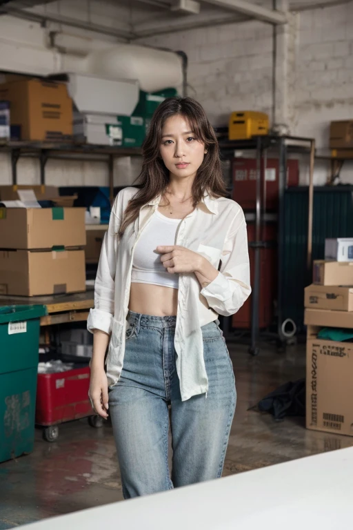 (Original Photography, best quality), (Reality:1.3), (Photo quality:1.2), (Ultra-high resolution:1.0), 8k, RAW photos,Mature working woman, Workplace attire,In the storage room