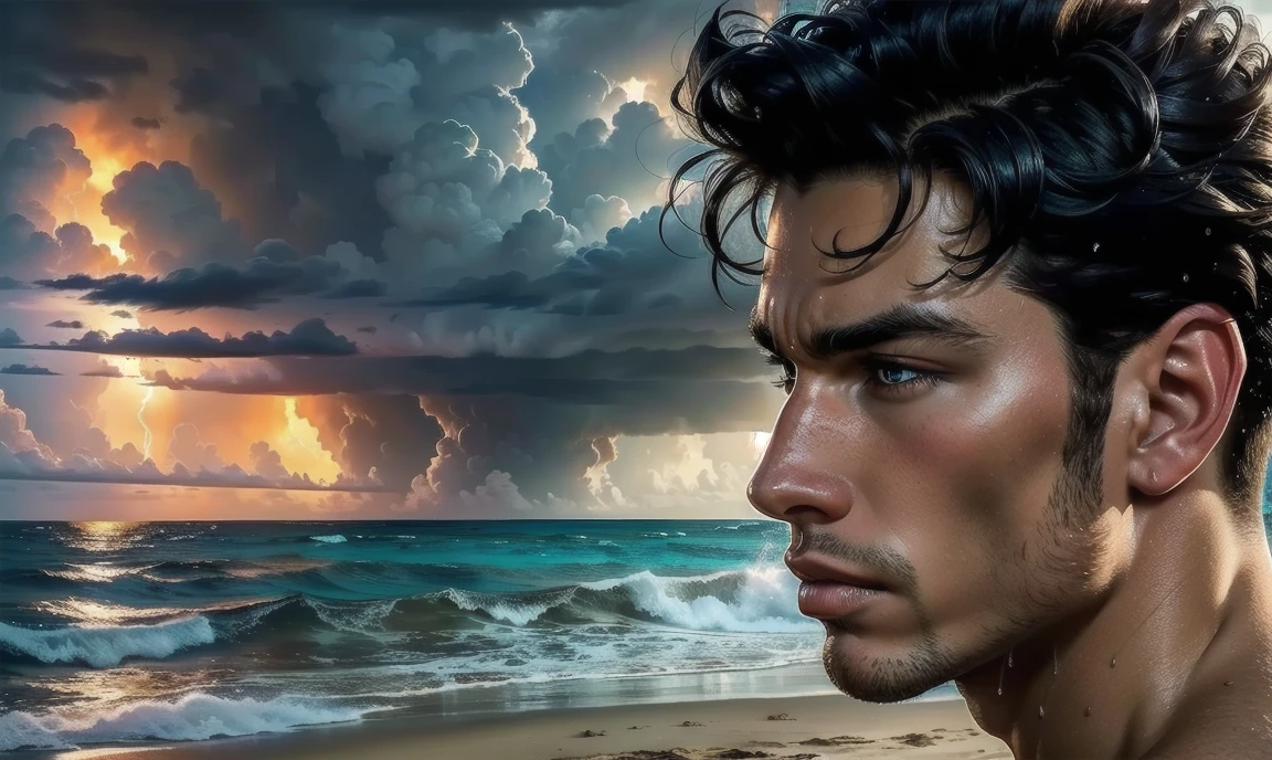[((highly detailed, detailed eyes, detailed face, clear and realistic facial features, photorealistic, realistic light, cinematic)), ((((group of 3 men, each man looks unique, each man has a different natural hair color)))), (((group of sexy male college-age jocks standing on the beach and looking angry or frustrated))), ((wearing weathered casual clothes)), ((wet)), ((beautiful deserted tropical island with a storm in background))]