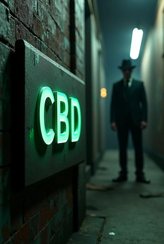 Plaquette de hash cbd 3D dans une ruelle sombre, en arrières plan a droite un homme chapeaux noir lunette de soleil noir smoking vert, en arrières plan version dark urban