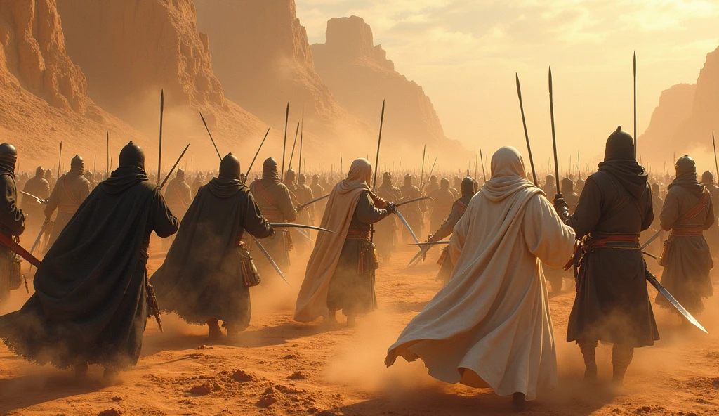 In a very hot desert and the sun is at noon, two armies are fighting in a fierce battlefield where swords fight each other. An army wearing white robes and an army wearing black cloaks.