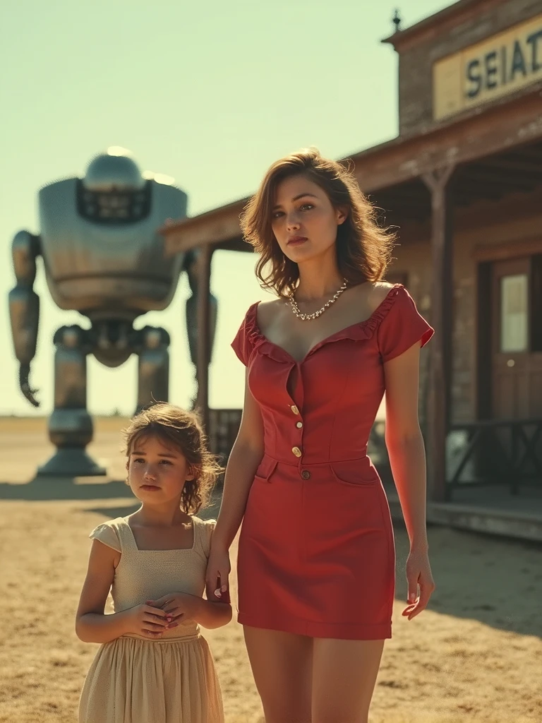 (Masterpiece.UHD.photorealistic analog photography. 1950 style) In a dystopian retro futuristic world. an ultra hot gorgeous European woman.age 23. (She’s looks like a tall Barbie doll in plastic) 1950 random hairstyle random hair color, voluptuous curvy figure, perfect round cleavage. Smiling Full lips. Round Baby face. Huge natural breasts (100 DD size). Wearing 40/50´s clothes. She’s a mom with her daughter (she looks worried). in front of an old west general store.1930 clunky war evil robots. early morning light.
