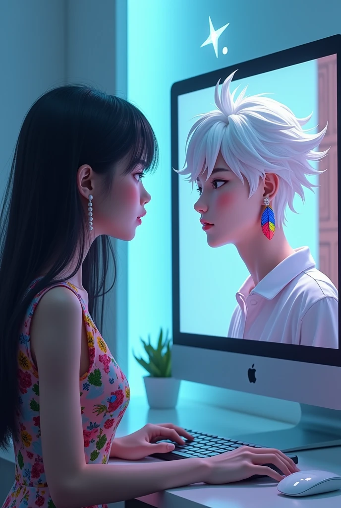 I want a girl with black hair, colorfull dress, small pearl earrings looking at computer with image of 25 year old white male, strong short white hair and colorful bird feather earrings above his head has a star symbol as if he were a game character like the sims and was coming out of the computer screen. And with the game title next to it the game is called "Human Simulator"